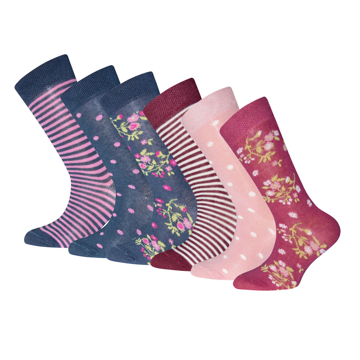 Socken 6er Pack Blumen/Punkte/Ringel