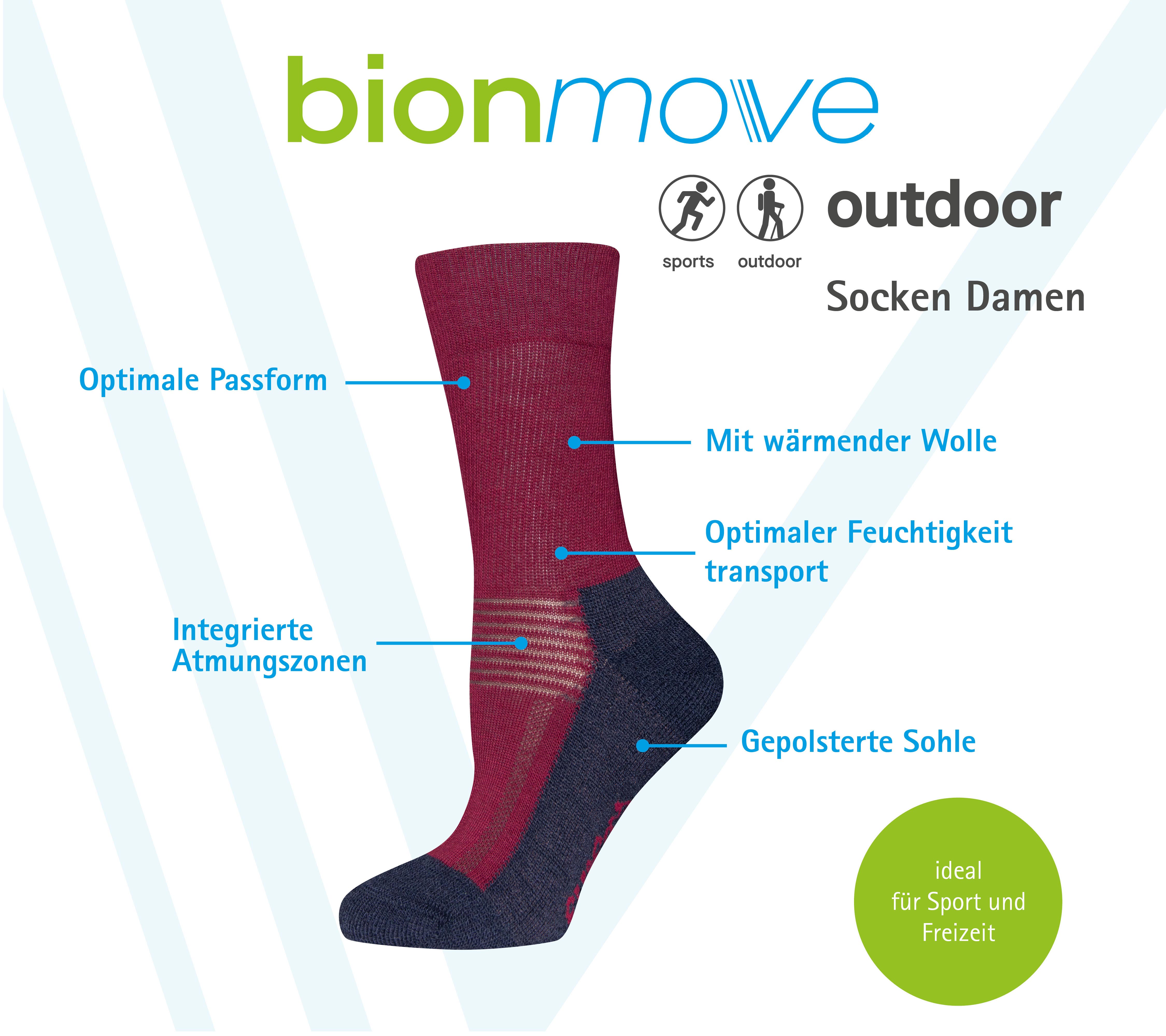 Frau hält die Beine in die Luft, mit Wanderschuhen und Socken hochziehend. Bionmove Outdoorsocke zweifarbig unterteilt, in Farbe Rhododendron und Anthrazit. Für Sport-und Freizeitaktivitäten mit gepolstertem Frotteefußbett.