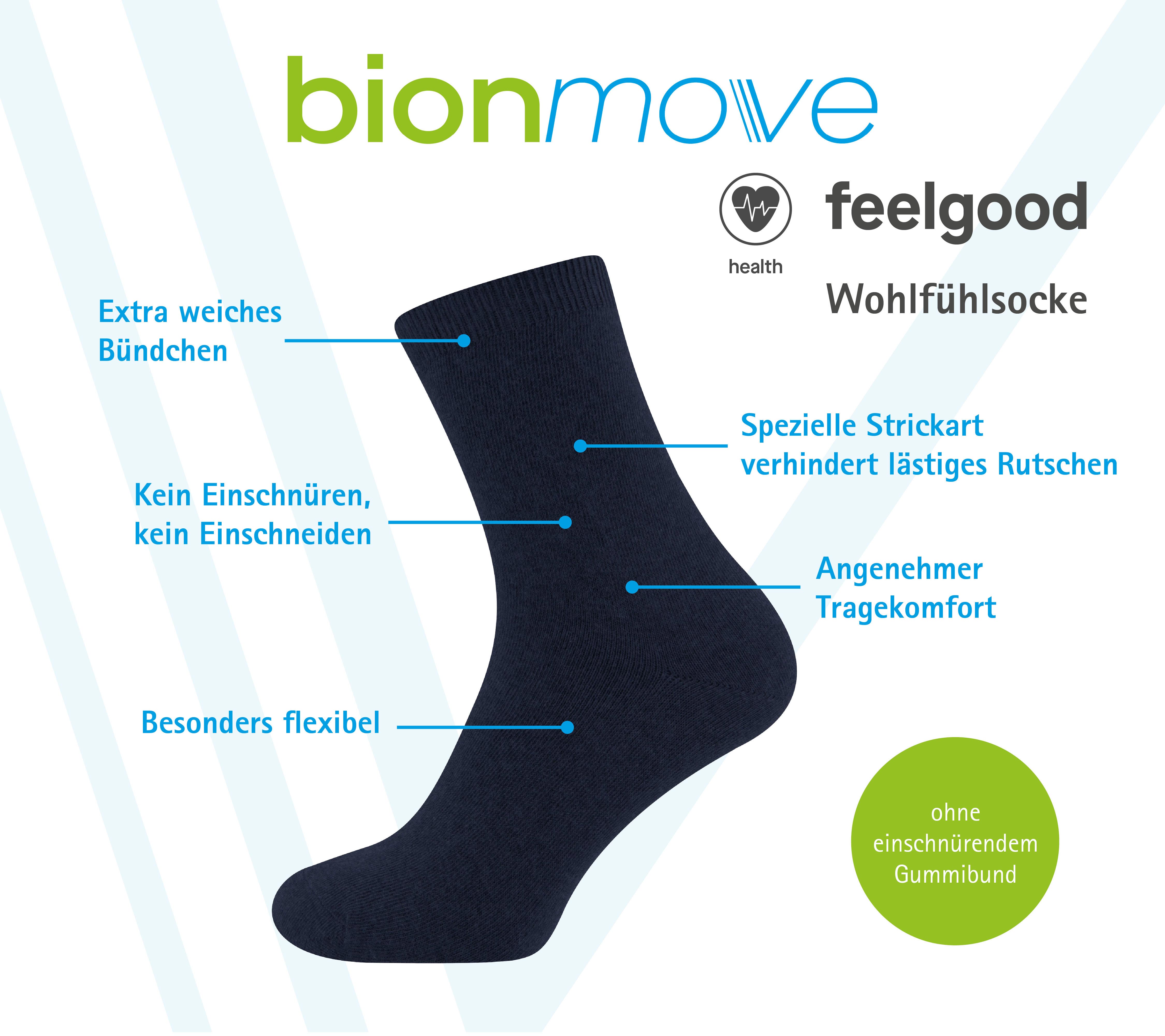 Bionmove Feelgood  Wohlfühlsocke Socke mit weichem Bündchen. Kein Einschnüren mit angenehmen Tragekomfort.