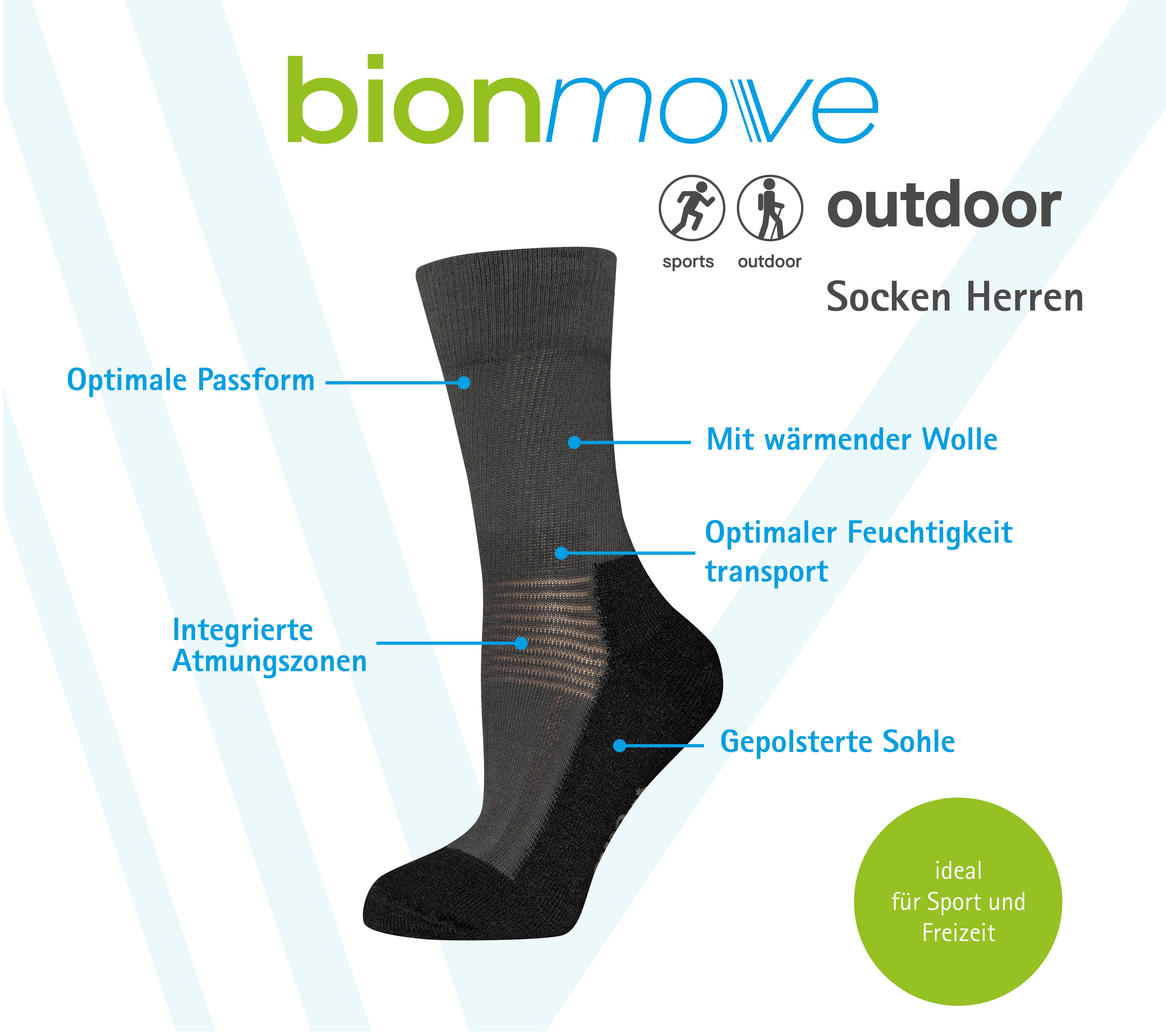 Outdoorsocke Bionmove in Farbe Graphit. Besonderheiten: Gepolstertes Frotteefußbett, Atmungszonen, strapazierfähig, pflegeleicht. Für Sport und Freizeit.