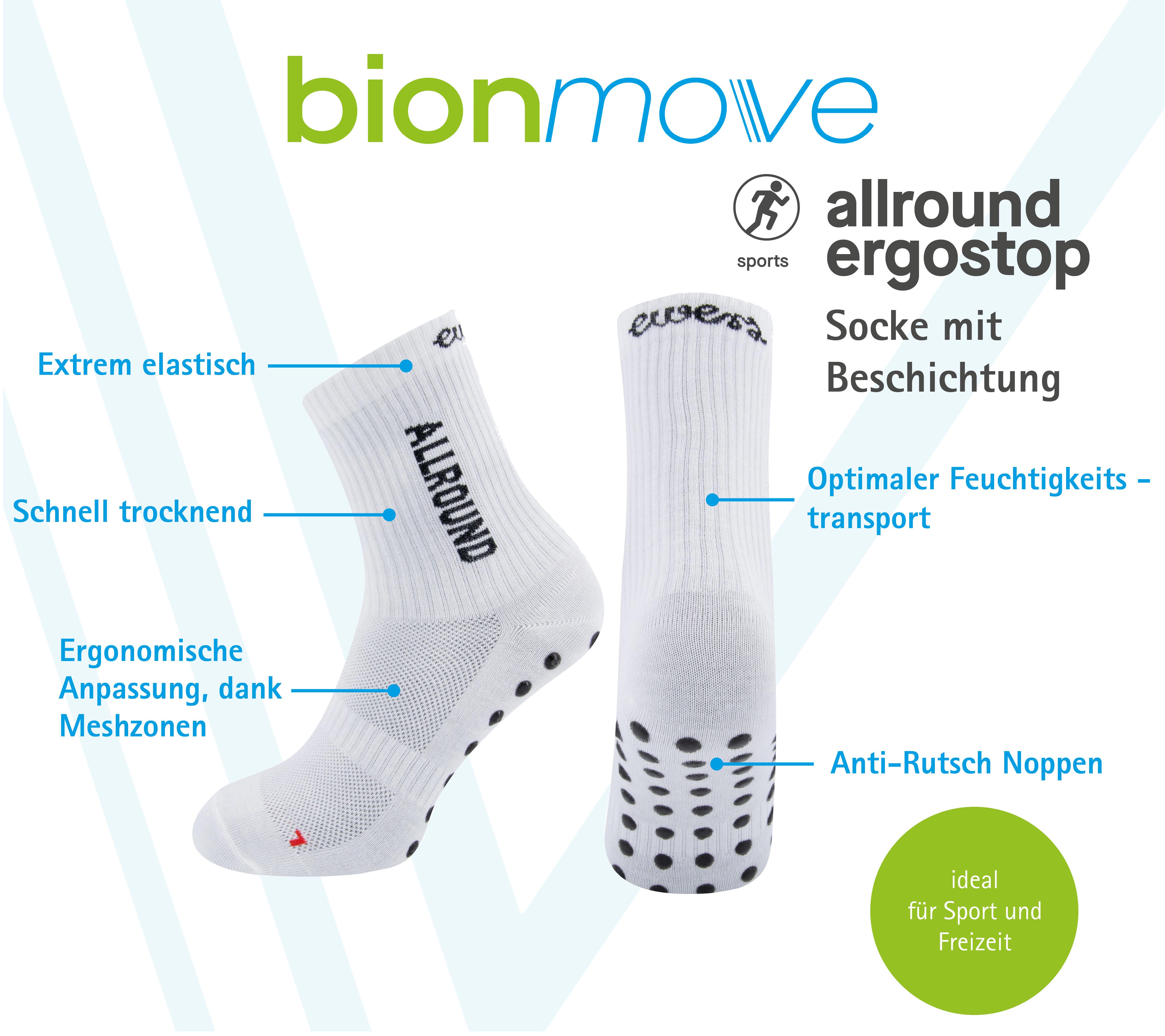 Stoppersocken ergostop Allround, in der Farbe weiß mit schwarzer Aufschrift Ewers Allround und Beschichtung. Extrem elastisch.Ergonomisch.Anti Rutsch Noppen
