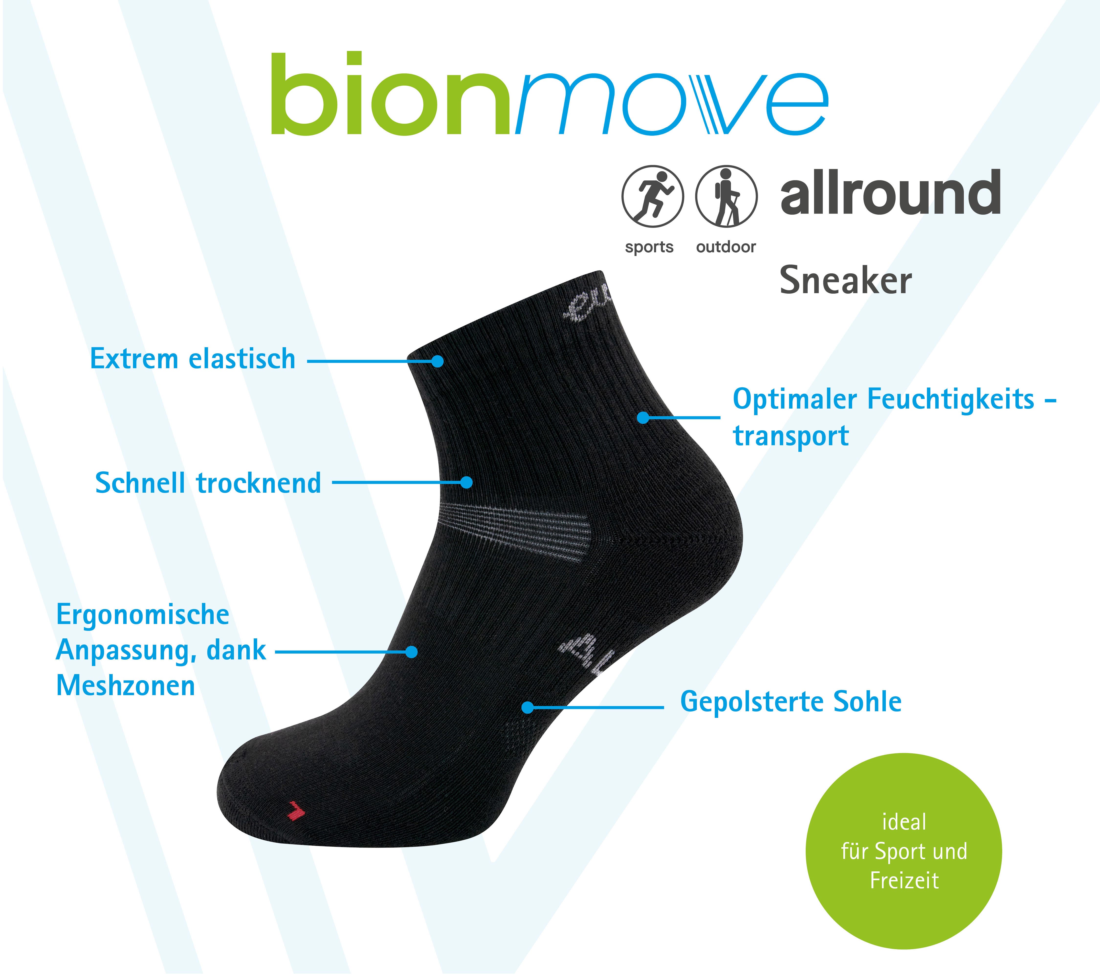 Allround Sportsocke in Farbe Schwarz. Spezielle Material-Zusammensetzung aus Baumwolle, Polyamid, Polyester und Elasthan. Sehr komfortabel, extrem elastisch –ergonomisch und gepolsterte Sohle.