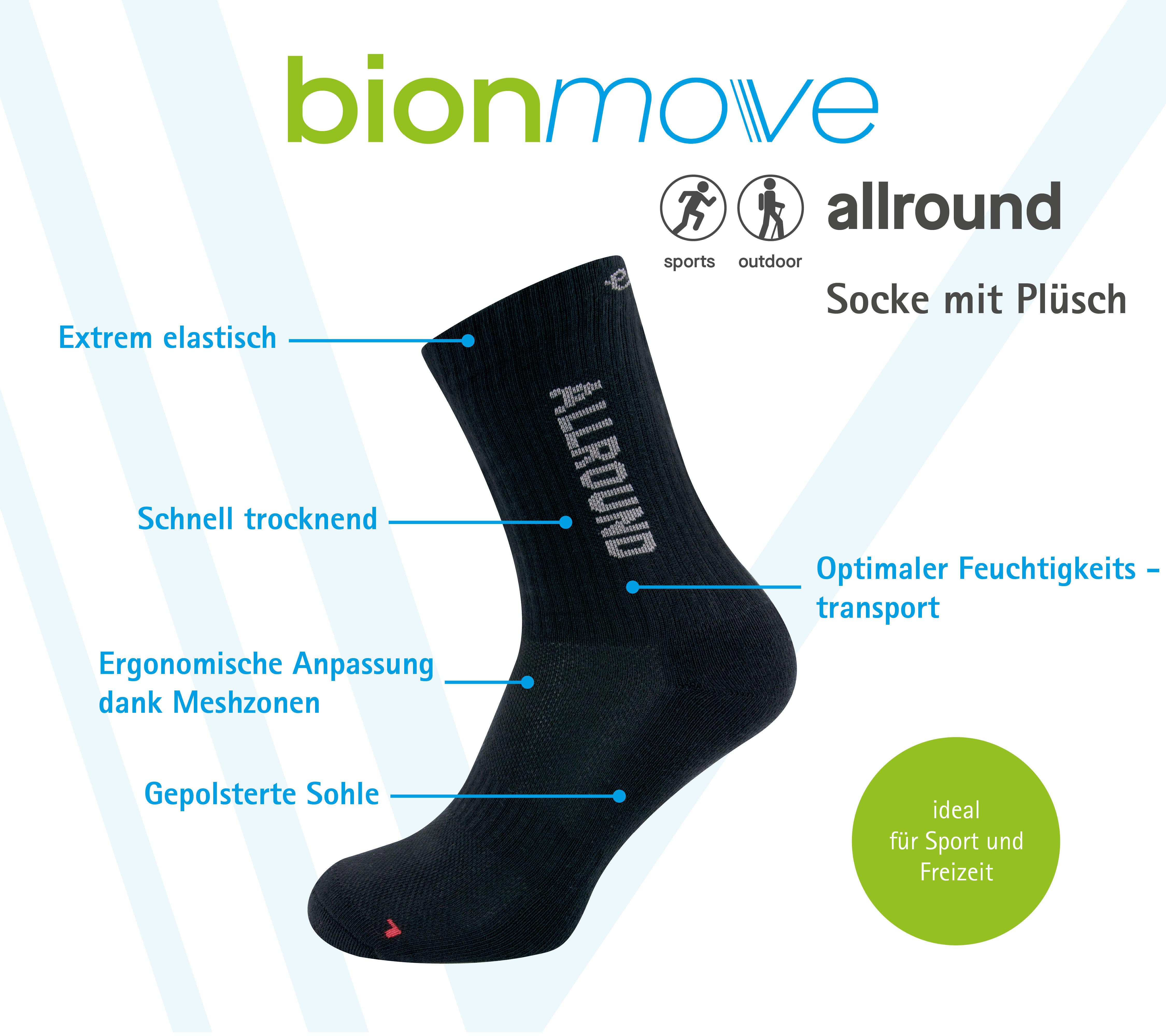 Allround Sportsocke in Farbe Schwarz. Spezielle Material-Zusammensetzung aus Baumwolle, Polyamid, Polyester und Elasthan. Sehr komfortabel, extrem elastisch –ergonomisch und gepolsterte Sohle.